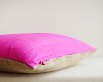 Hot Pink Dupioni Silk & Natural Linen Reversible Pillow Cover in 16 x 16 inch Square , Bright Pink and Natural Linen Accent Pillow