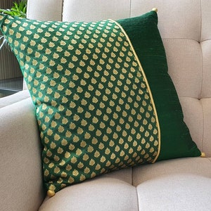 Emerald Green Silk Brocade Pillow Cover , Green Brocade Cushion Cover ,Green and Gold Decor Pillow , Gold Pillow Cover