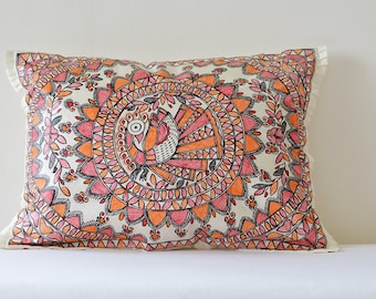 Hand Painted Madhubani Pillow , Colourful Folk Art Rectangle Pillow Cover , Tussar Silk and Colourful Hand Painted Cushion Cover