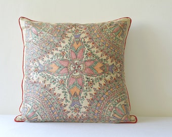 Hand Painted Madhubani Pillow , Colourful Folk Art on Off White Silk Pillow Cover , Tussar Silk and Colourful Hand Painted Cushion Cover