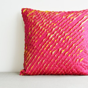 Fuchsia and Yellow , Textured & Frayed 3 Layer Faux Silk Cushion Cover , Textured Pillow Cover , Decorative Pillow, Throw Pillow