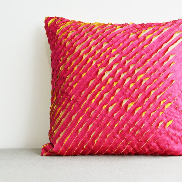 Fuchsia and Yellow , Textured & Frayed 3 Layer Faux Silk Cushion Cover , Textured Pillow Cover , Decorative Pillow, Throw Pillow