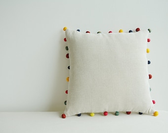 Natural Ecru Color Cotton Linen Cushion Cover with Colorful Fabric Pom Poms , Cotton Linen Decor Pillow , Ecru Linen Scatter Cushion