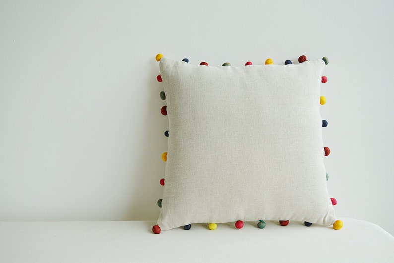Natural Ecru Color Cotton Linen Cushion Cover with Colorful Fabric Pom Poms , Cotton Linen Decor Pillow , Ecru Linen Scatter Cushion zdjęcie 1