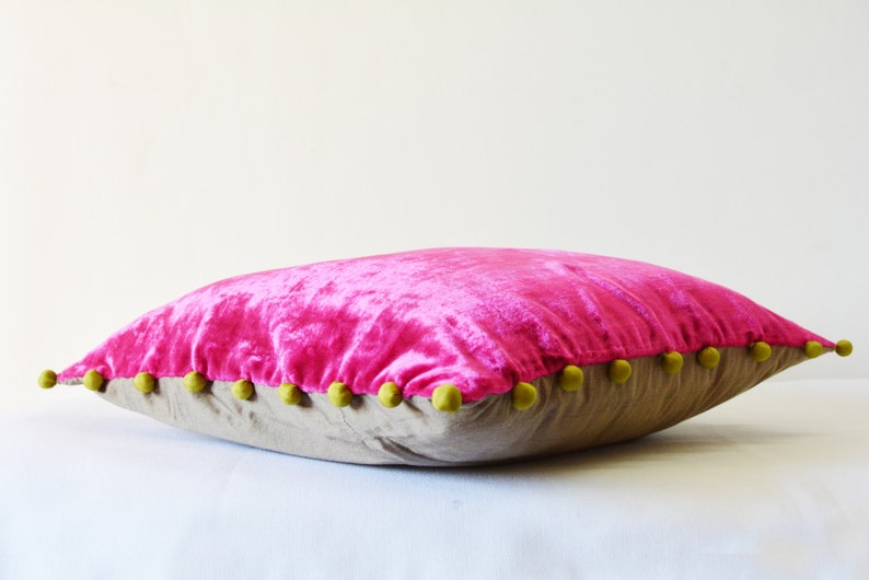 Hot Pink Velvet Pillow with Pom Poms Fuchsia Velvet Cushion Etsy