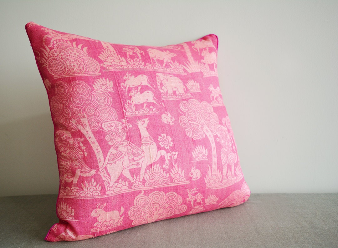 Pink Printed Dupioni Silk Pillow Indian Jungle Theme Pillow Etsy