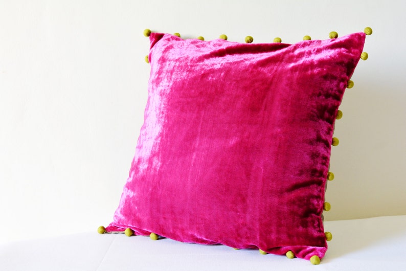 Pink Velvet Pillow With Pom Poms Fuchsia Velvet Cushion Etsy