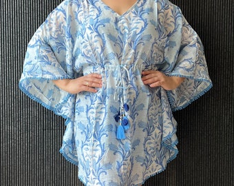 Tulips Block Printed Mini Kaftan , Beach Wear , Lounge Wear , Maternity Kaftan , Bridal Makeup Shoot , Maternity Wear , Swimwear