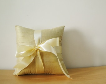 Gold Beige Dupioni Silk Ring Bearer Pillow with Satin Ribbon