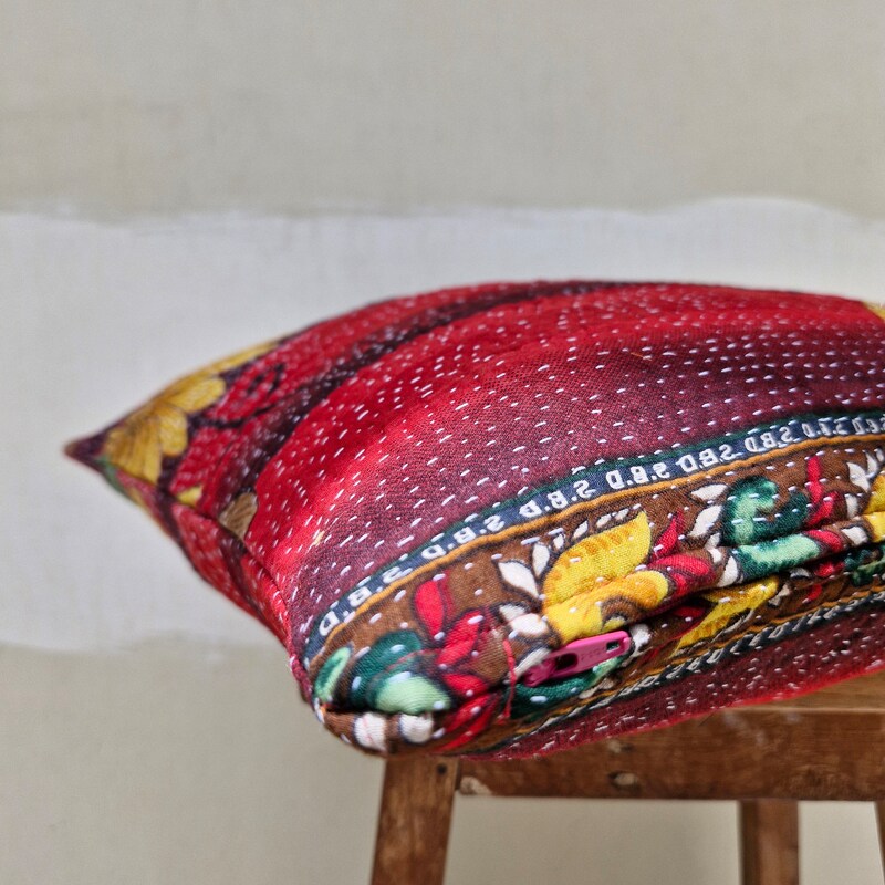 Red - Patchwork Cotton Kanchipuram Cushion Cover (16 x 16 in) 53