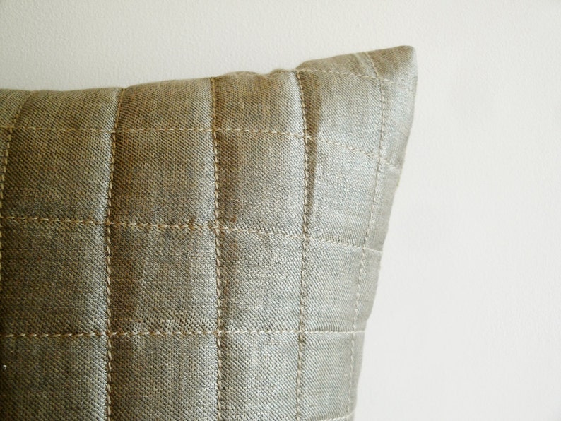 Quilted Linen and Silk Blended Pillow , Quilted Cushion Cover , Taupe Color Pillow , Warm Grey Linen Pillow image 2