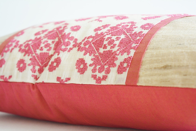 Patchwork Embroidered Pillow Cover in Silk , Pink Cross Stitch Embroidered Lumbar Pillow , Cross Stitch Cushion Cover, Decorative Pillow image 3