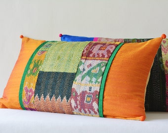 Orange Patchwork Pillow with Vintage Sari Hand stitched Kantha & Dupioni Silk , Decorative Pillow , Lumbar Pillow, Vintage Kantha Cushion