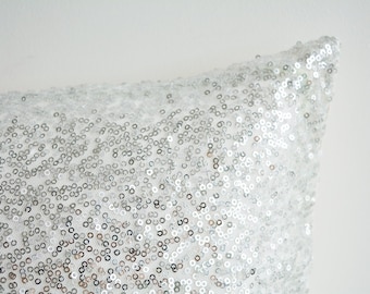 Silver and White Sequin Pillow Cover , Silver Holiday Decor , Throw Pillow , Silver Sequin Decorative Pillow