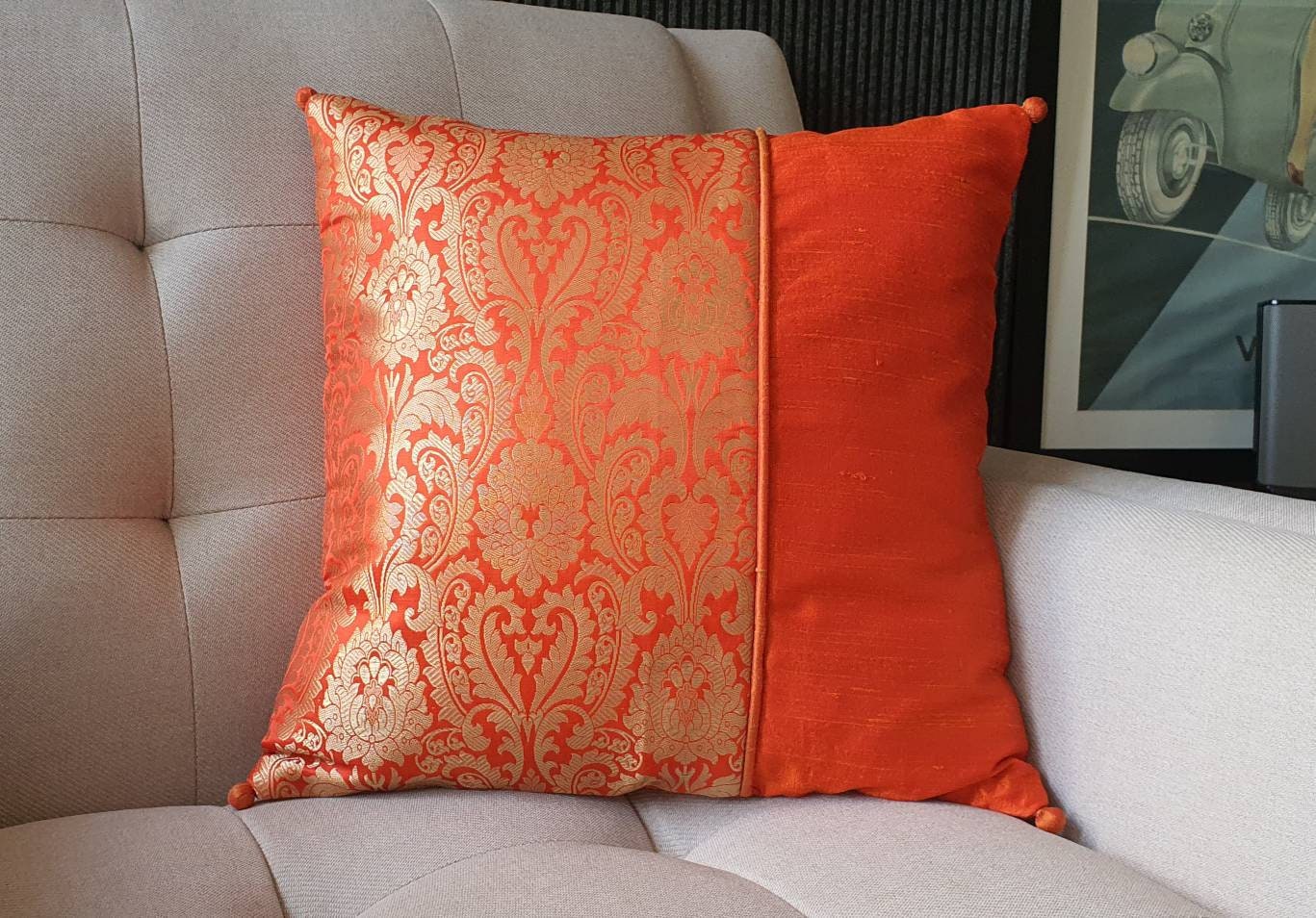 Couverture Orange Vif et Or d'oreiller de Brocart, Couverture Coussin Brocart d'or d'orange, Décor, 