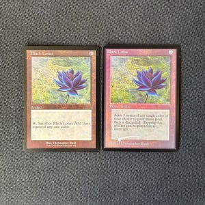 Może przedstawiać: Dwie karty kolekcjonerskie Black Lotus z ilustracją ciemnofioletowego kwiatu. Lewa karta zawiera tekst Black Lotus, Artifact oraz instrukcje gry. Prawa karta zawiera tekst Black Lotus, Mono Artifact oraz opis gry autorstwa Christophera Rusha.
