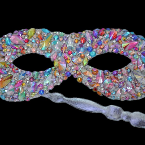 Multi coloured crystal Domino mask with Stick Handle