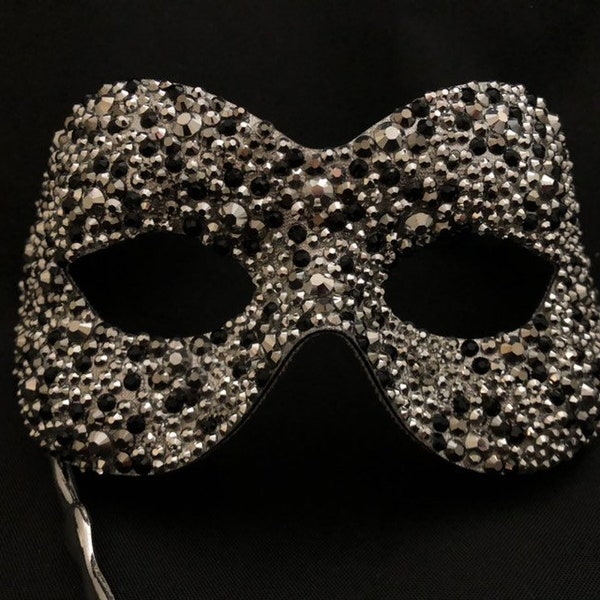 Silver Black Curve Festival Mirror Mask with Stick Handle