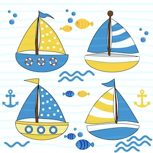 Clipart di cartoni animati di barche a vela - 20 immagini PNG ad alta risoluzione - PNG trasparenti - Ancora di nave a vela - Blu e giallo