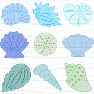 Clipart de conchas marinas en colores pastel azul y verde - 9 diseños de alta resolución - Imágenes PNG transparentes