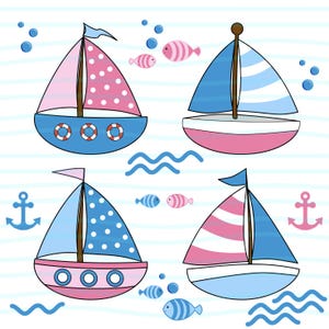 Clipart di cartoni animati di barche a vela - 20 immagini PNG ad alta risoluzione - PNG trasparenti - Ancora di nave a vela - Blu e rosa