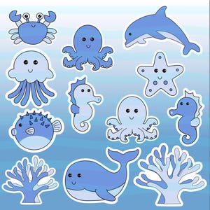 Dessin animé sous la mer Clipart bleu - haute résolution PNG 300 DPI - étoile de mer crabe poulpe dauphin méduse poisson bulle hippocampe corail baleine
