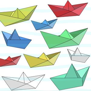 Clipart di barche origami PNG trasparenti - 20 immagini, 4 disegni e 5 colori - Barca di carta blu gialla verde rossa bianca - Nautic Party