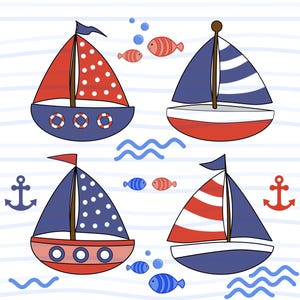 Clipart de dessin animé de voilier - 20 images PNG haute résolution - PNG transparents - ancre de bateau à voile - bleu et rouge