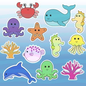 Clipart de dibujos animados bajo el mar - Alta resolución PNG 300 DPI - Estrellas de mar, cangrejos, pulpos, delfines, medusas, peces burbuja, caballitos de mar, corales, ballenas