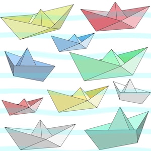 Clipart di barche origami PNG trasparenti - 20 immagini, 4 disegni e 5 colori - Colori chiari delle barche di carta - Blu Giallo Verde Rosso Bianco