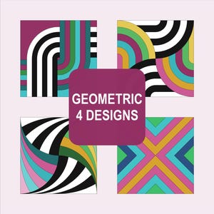 Op de afbeelding: Een digitale afbeelding met KINUSAIGA PATTERNS en GEOMETRIC 4 DESIGNS. De afbeelding toont vier verschillende vierkante patronen in levendige kleuren, waaronder magenta, taling, groen, geel, zwart en wit. De tekst onderaan vermeldt 15x15cm.