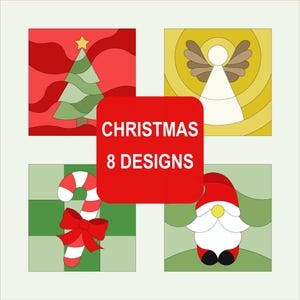 Op de afbeelding: Een digitale collectie Kinusaiga-patronen met kerstthema's. De afbeelding toont vier vierkante ontwerpen: een groene kerstboom, een gele engel, een rood-witte zuurstok en een kabouter. De tekst bevat KINUSAIGA PATTERNS, CHRISTMAS 8 DESIGNS en 15x15cm.