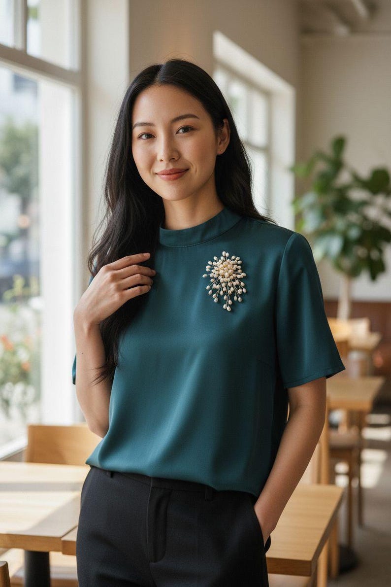 Puede incluir: Blusa color turquesa con cuello alto y mangas cortas. Un broche de perlas y dorado adorna el frente. La persona lleva pantalones negros. El fondo presenta una ventana y mesas de madera.