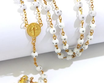 Crystal Rosary Necklace • Catholic Prayer Beads • Cross Pendant Rosary