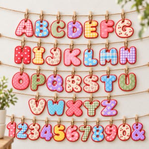 May include: A set of alphabet letters A through Z and numbers 0 through 9 plus an ampersand symbol, each featuring unique colorful patterns like gingham, floral, and polka dots, suspended on horizontal twine strings with small wooden clips.