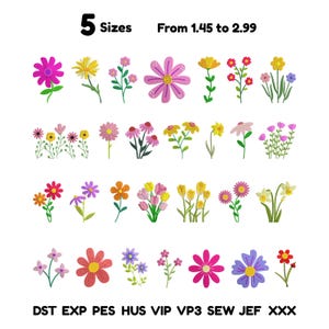 May include: A collection of colorful floral embroidery designs featuring various flower types in pink, yellow, orange, purple, and red. The text 5 Sizes From 1.45 to 2.99 appears at the top, and file formats DST, EXP, PES, HUS, VIP, VP3, SEW, JEF, XXX are listed at the bottom.