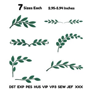 Może przedstawiać: Kolekcja siedmiu ciemnozielonych haftowanych wzorów liści i gałązek. Tekst zawiera 7 Sizes Each, 2.95-5.94 Inches oraz formaty plików DST, EXP, PES, HUS, VIP, VP3, SEW, JEF, XXX. Motywy botaniczne przedstawiają różne zakrzywione i proste układy.