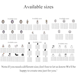 May include: Image displays various Halloween-themed designs with size details. Designs include ghosts, bats, and other spooky elements. Text at the top reads "Available sizes." The bottom text says, "If you need a different size, feel free to let us know! We'll be happy to create one just for you."