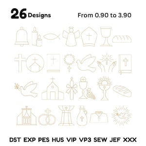 Puede incluir: Un conjunto de 26 diseños religiosos, incluyendo cruces, palomas, cálices e iglesias, delineados en dorado. Adecuado para bordados o proyectos de arte digital. El texto "26 Designs" se encuentra en la parte superior.