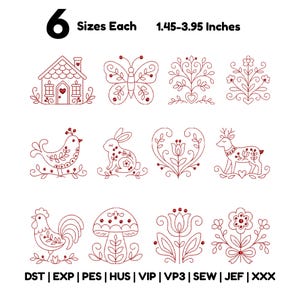 May include: A collection of twelve red machine embroidery designs featuring a house, butterfly, tree, flowers, bird, rabbit, heart, deer, rooster, and mushroom. The text reads 6 Sizes Each 1.45-3.95 Inches and file formats DST, EXP, PES, HUS, VIP, VP3, SEW, JEF, XXX.
