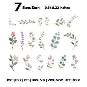 Pode incluir: Uma coleção de dezassete desenhos de bordado floral e botânico em vários tons de rosa, roxo, azul e verde. O texto 7 Sizes Each 0.91-2.33 Inches e os formatos de ficheiro DST, EXP, PES, HUS, VIP, VP3, SEW, JEF, XXX são visíveis.