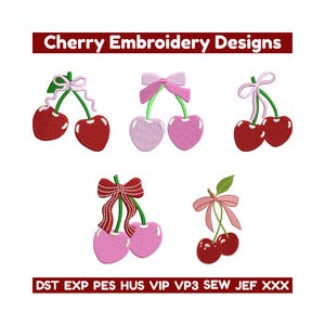 May include: Five cherry embroidery designs are shown. The designs feature red and pink cherries, some with bows. The text "Cherry Embroidery Designs" is at the top, and embroidery file formats are listed at the bottom.