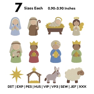 May include: A collection of twelve embroidered nativity scene figures including Mary, Joseph, baby Jesus in a manger, an angel, a shepherd with a sheep, three kings, a star, a stable, a donkey, and a sheep. Text reads 7 Sizes Each 0.90-3.90 Inches.