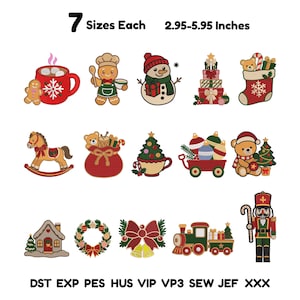 May include: A collection of 14 Christmas-themed embroidery designs including a gingerbread man, snowman, rocking horse, nutcracker, and train. The text reads 7 Sizes Each 2.95-5.95 Inches and lists file formats DST, EXP, PES, HUS, VIP, VP3, SEW, JEF, XXX.