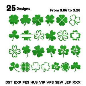 以下が含まれることがあります： 25種類の緑色のクローバーのデザイン。サイズは2.18cmから8.33cmです。デザインには、聖パトリックの日のテーマやアイルランドをテーマにしたプロジェクトに最適な、さまざまなスタイルのシャムロックが含まれています。画像にはファイル形式の情報も含まれています。