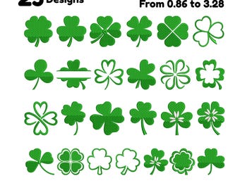 May include: A collection of 25 green clover designs, ranging from 0.86 to 3.28 inches in size. The designs include various styles of shamrocks, perfect for St. Patrick's Day or Irish-themed projects. The image also includes file format information.