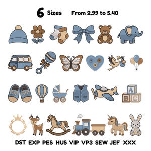May include: A collection of digital embroidery designs featuring baby-themed icons including a hat, flower, socks, bow, bear, elephant, van, rattle, butterfly, heart, stork, balloons, shoes, hot air balloon, carriage, vest, plane, blocks, crown, deer, horse, train, unicorn, and rabbit.