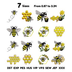 May include: A collection of sixteen machine embroidery designs featuring bees, honeycombs, and flowers in yellow, black, and white. The text 7 Sizes From 0.87 to 3.34 and file formats DST, EXP, PES, HUS, VIP, VP3, SEW, JEF, XXX are printed on the image.