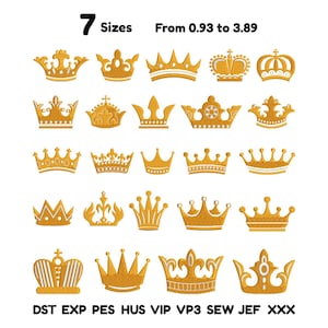 May include: A collection of twenty gold-colored crown embroidery designs arranged in four rows. The text at the top reads 7 Sizes From 0.93 to 3.89, and the text at the bottom lists file formats: DST EXP PES HUS VIP VP3 SEW JEF XXX.