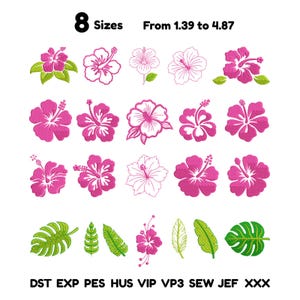 Könnte beinhalten: Eine Sammlung von Hibiskusblüten- und Tropenblatt-Stickmustern in 8 Größen von 1,39 bis 4,87 cm. Das Set enthält vollflächig rosa Blüten, grüne Blätter und weiße Umrissversionen. Die Dateiformate sind DST, EXP, PES, HUS, VIP, VP3, SEW, JEF, XXX.